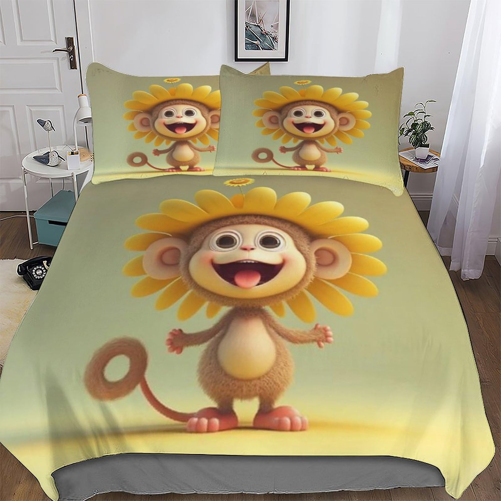 Housse de couette 3D singe mignon 220x240 cm hypoallergénique en microfine douce
