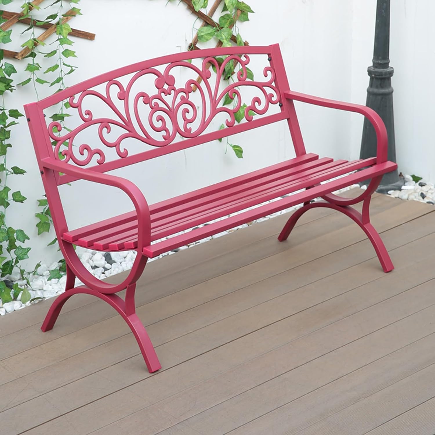 51" Metal Patio Bench with Armrests, Slatted Seat & Floral Backrest for Outdoor Garden, Yard, Porch, Balcony - Stylish Pink Design for Lawn & Backyard Comfort