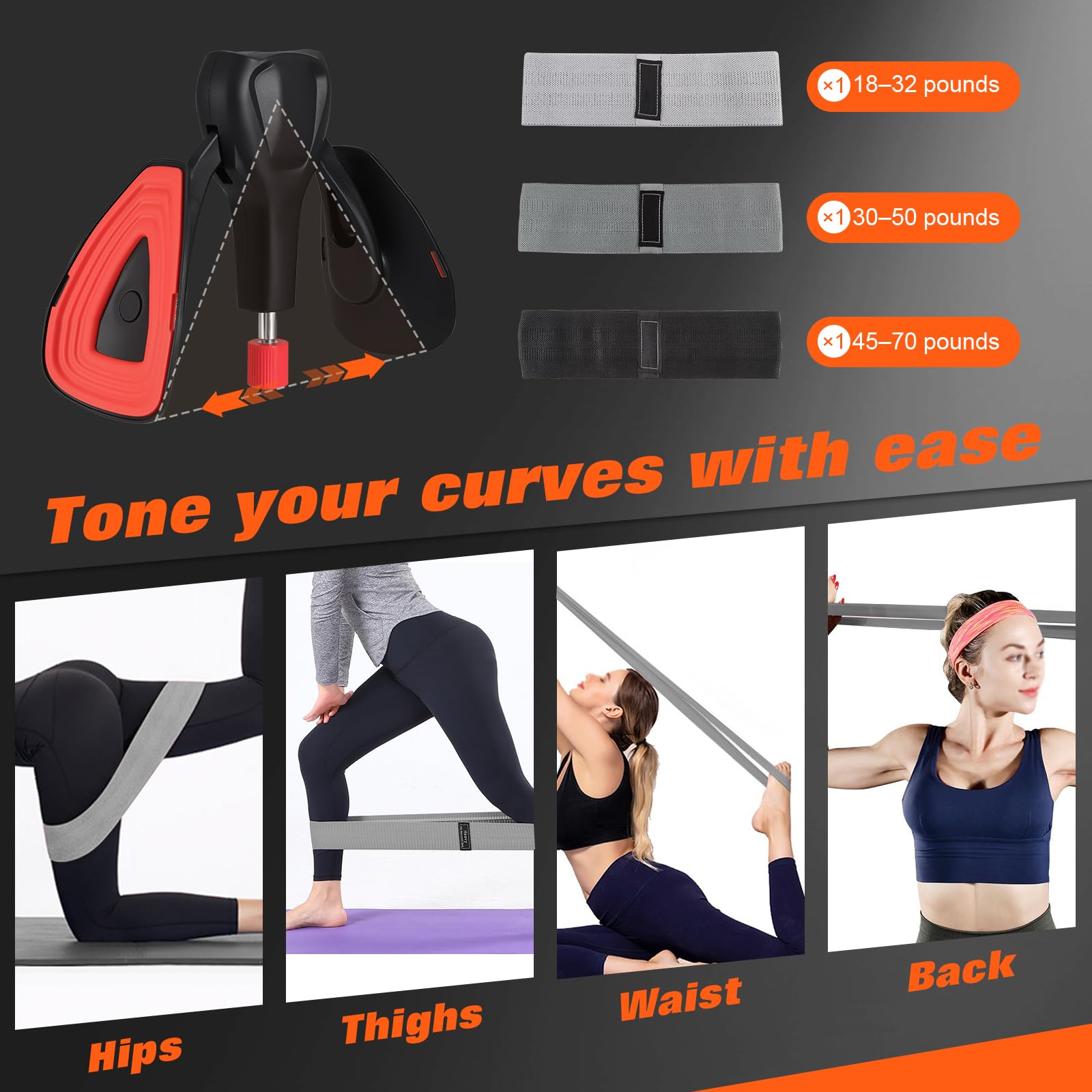 Gueenky Appareil d'entraînement pour les cuisses, le plancher pelvien de 0 à 88 lb - Pour femme - Appareil d'entraînement des cuisses - Plancher pelvien avec bandes de fitness - Pour les bras, les