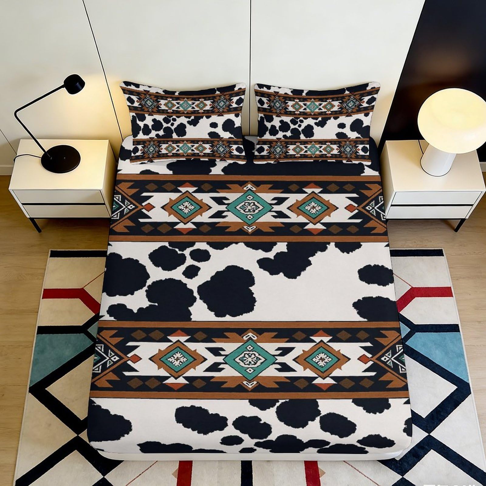 3D Printed Ethnic Pattern Fitted Sheet Microfiber Durable Soft Printed Cow Pattern Mattress Cover for Bedroom Dormitory Guest Room Mattress Protection 140x200x25cm