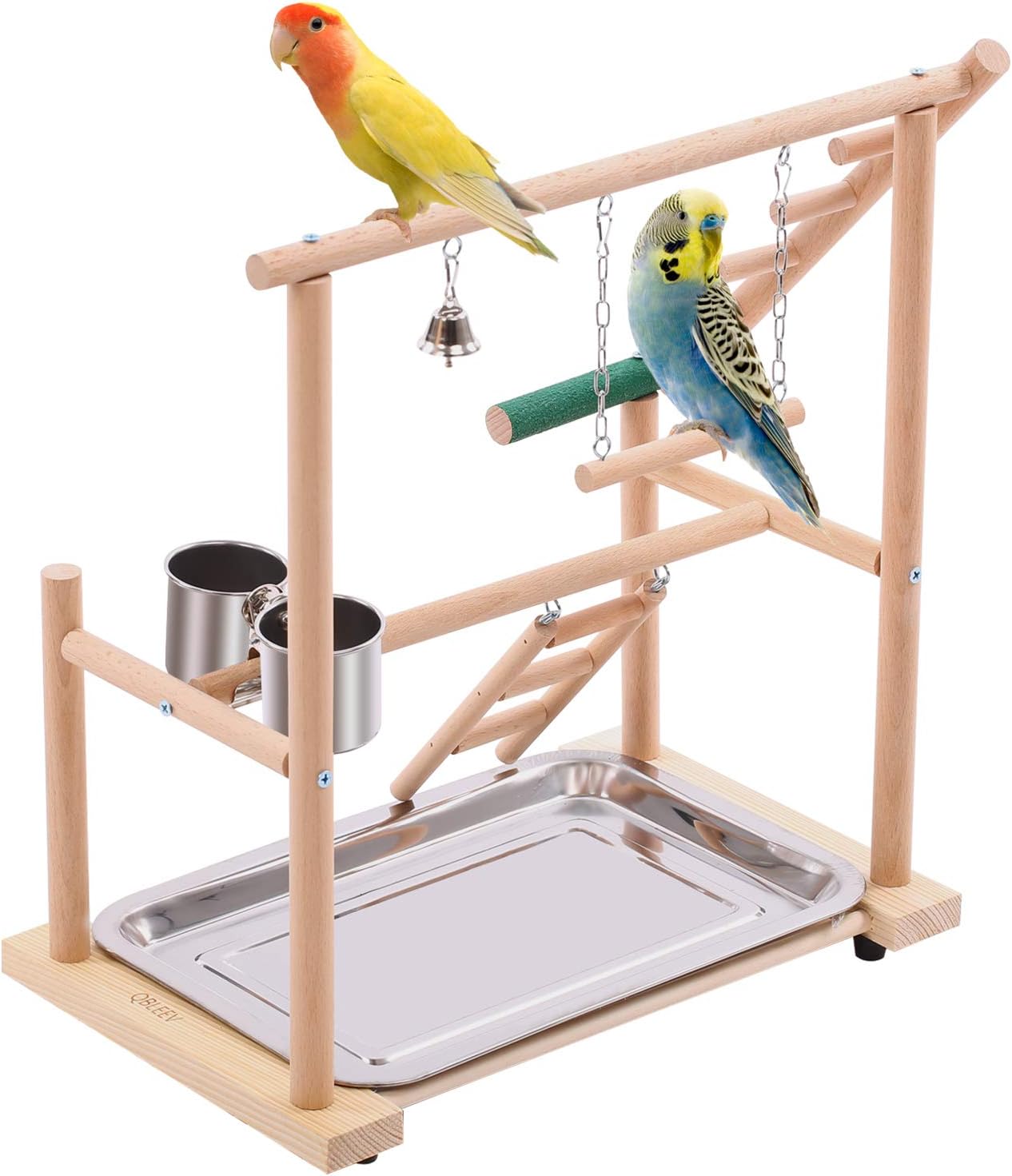 QBLEEV Bird Play Stand Parrots Playground Wooden Stick Perch，Bird Playpen Exercise Gym with Ladder Feeder Cup Bell Swing，Parrot Play Climb Gym for Parakeet Cockatiel Conure(Include a Tray) : Pet Supplies