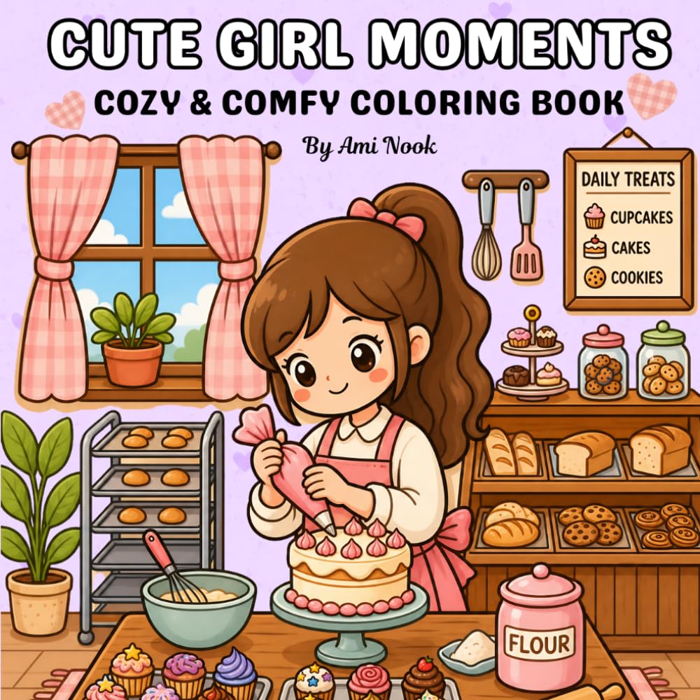Cute Girl Moments: A Cozy Coloring Book for Adults and Teens with Cute Girl, Pets, and Relaxing Everyday Moments