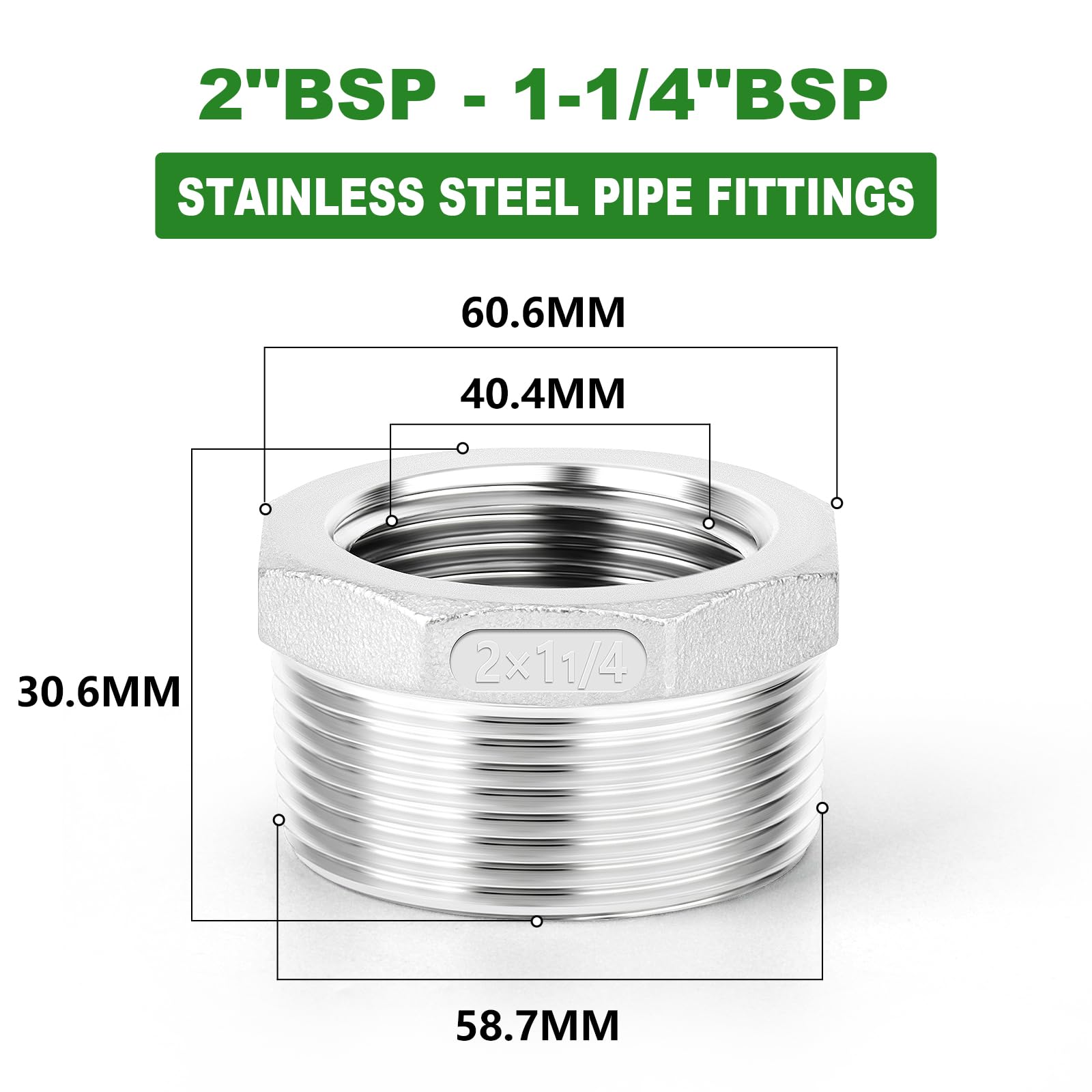 TAISHER 2 Stück 304 Edelstahl Reduzier-Sechskantbuchse, 2" BSP Außengewinde x 1-1/4"BSP Innengewinde, Reduzierrohr-Adapterfitting, für Wasser, Öl, Luft und Gas
