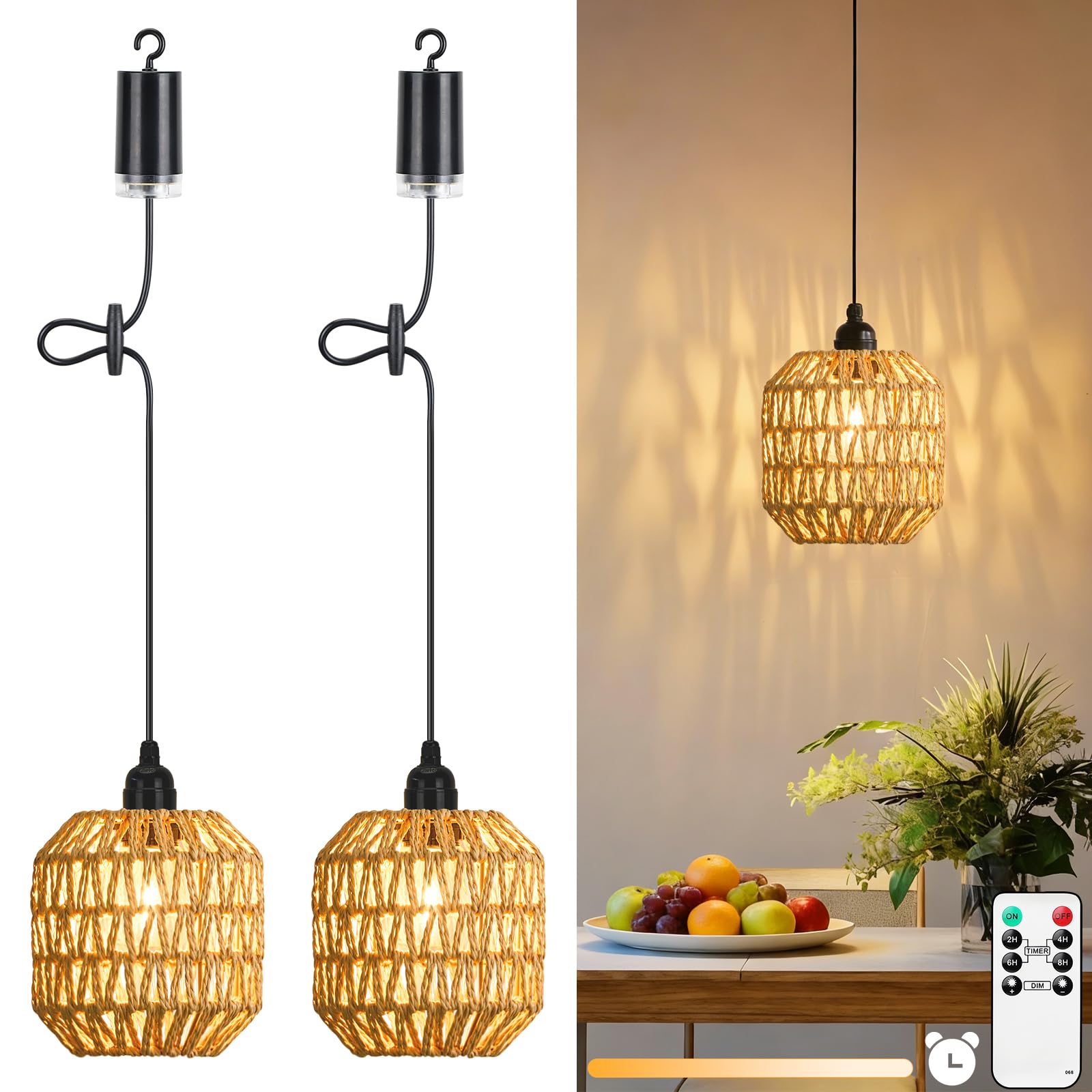 Lightsjoy 2 Stück Hängelampe mit Batterie Außen Innen, Pendelleuchte Akku Dimmbar, Akku Hängelampe Ohne Strom, Hängeleuchte Boho Rattan, Hängelampe Batteriebetrieben mit Fernbedienung IP65 für Garten