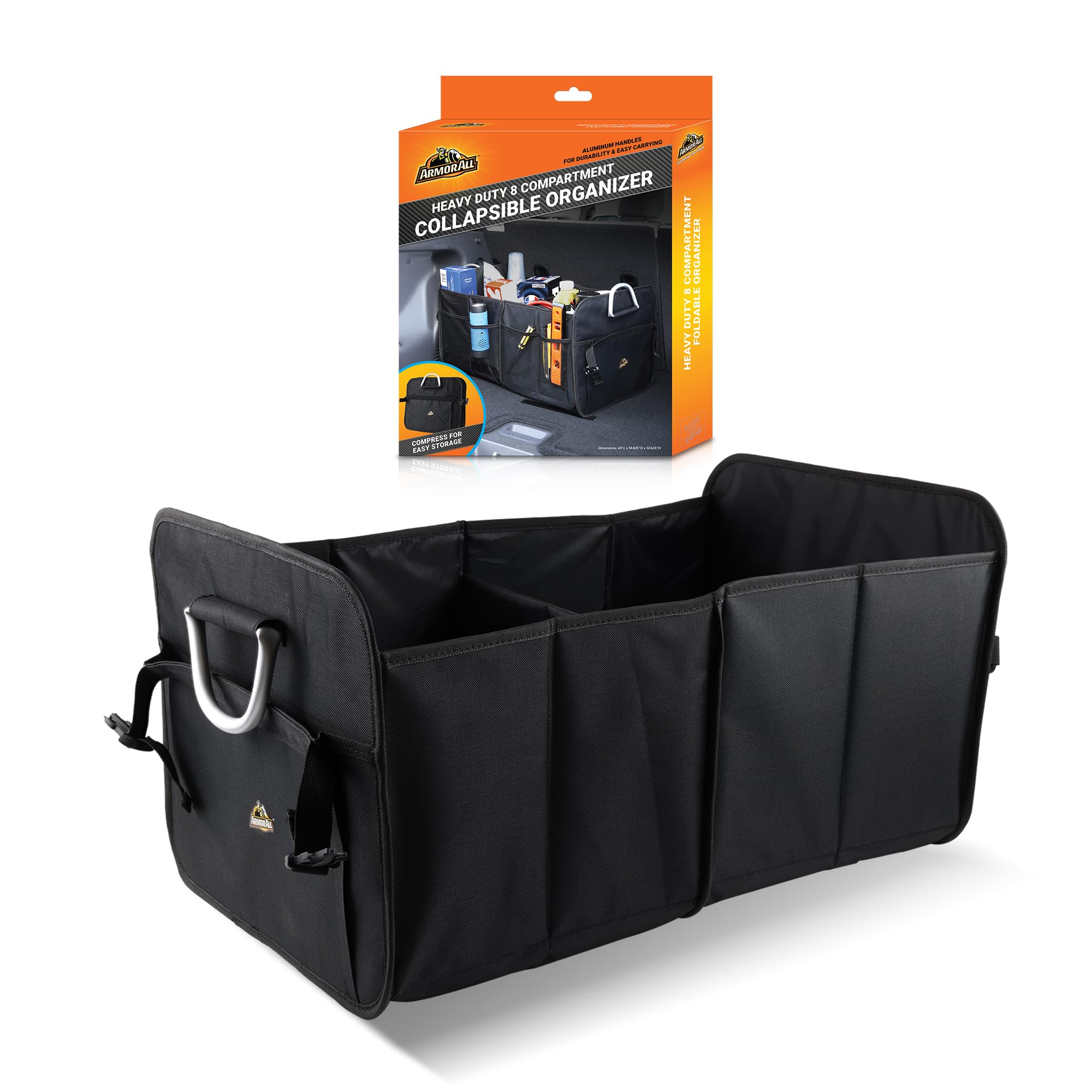 Armor All Trunk Organizer for SUV & Car Storage, XL Heavy-Duty 8 Compartment Collapsable Waterproof Car Organizer, 2 Sections & 6 Pockets, 24” x 14.6” x 12.6”, Aluminum Handles, Compression Buckles