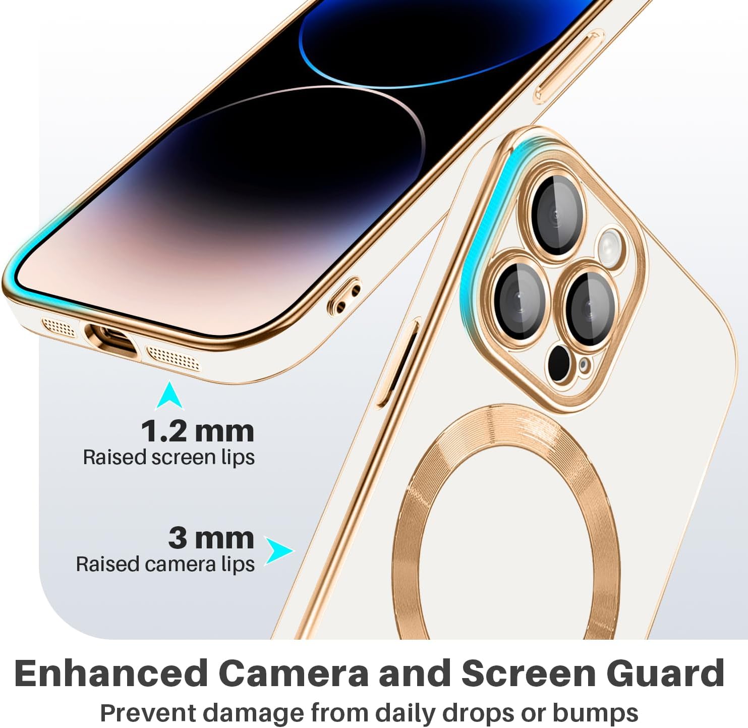 Dinick Designed for iPhone 14 Pro Case with Magnetic [Built-in Camera Cover] Compatible with MagSafe Soft TPU Glitter Cover Anti-Scratch Protective Slim for iPhone 14 Pro Case White and Gold - Image 4