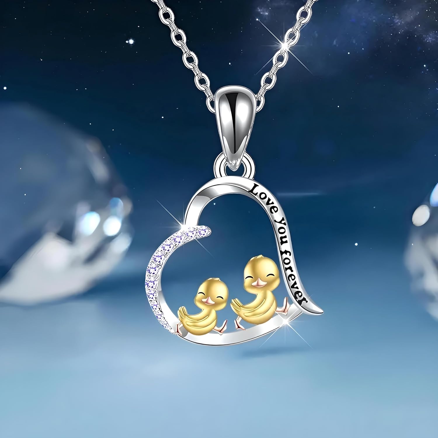 SUPAC Unique Heart-Shaped Duckling Pendant Necklace - Get Your Ducks in a Row! Forever in my heart -Exquisite Rhinestones, Plated White K Alloy, Fashionable Birthday Graduation Gift for Her