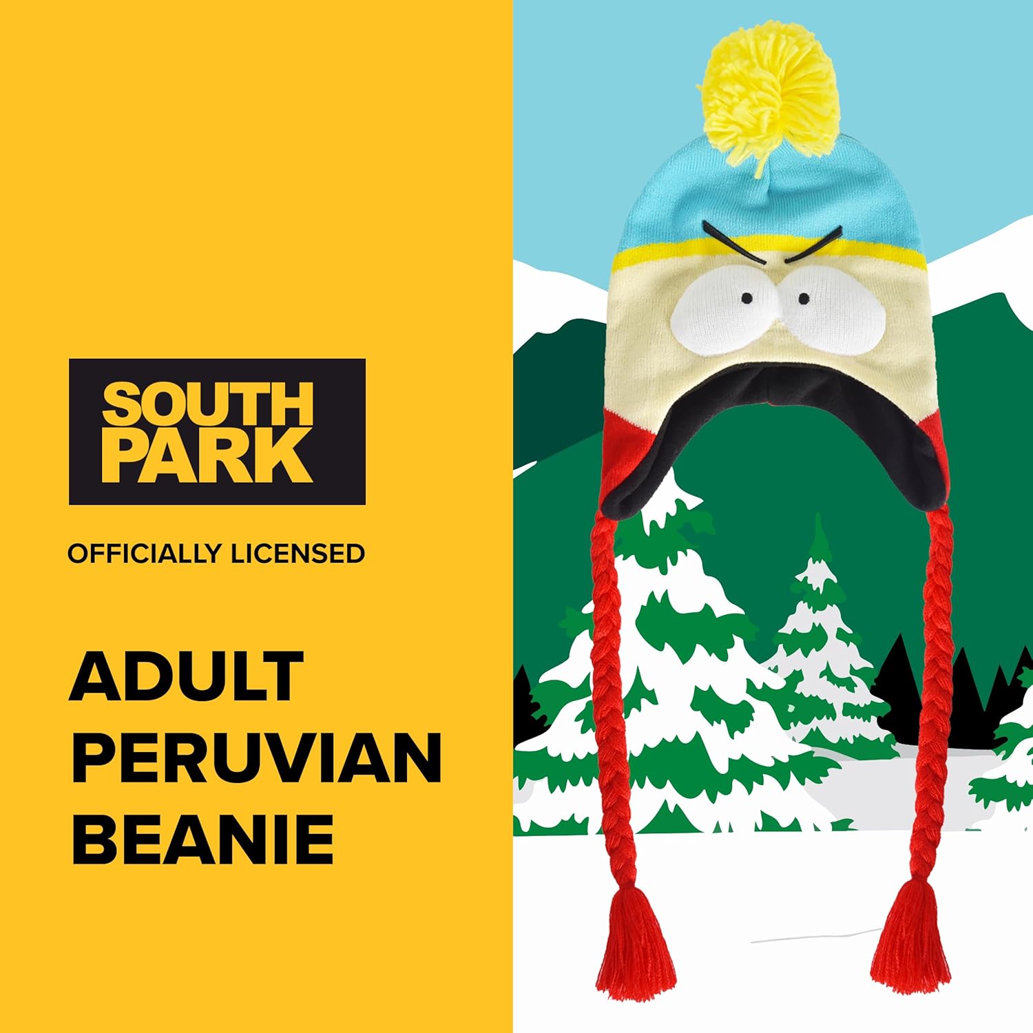 South Park Beanie Hat, Eric Cartman Peruvian Winter Knit Cap with Pom and Tassels - Image 2