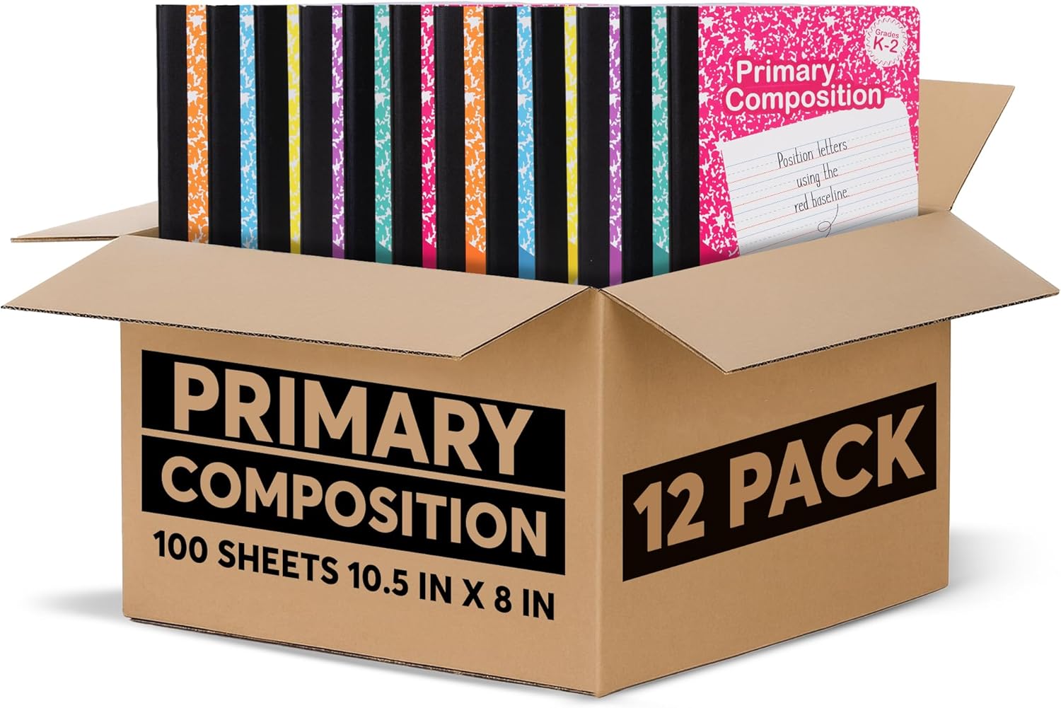 Primary Composition Notebook K–2 – 12 Pack, 100 Sheets Each – Primary Ruled, 9.75 x 7.5 in – Durable Cover – For Kindergarten, 1st Grade, Preschool – Handwriting & Cursive Practice – Classroom Supplies