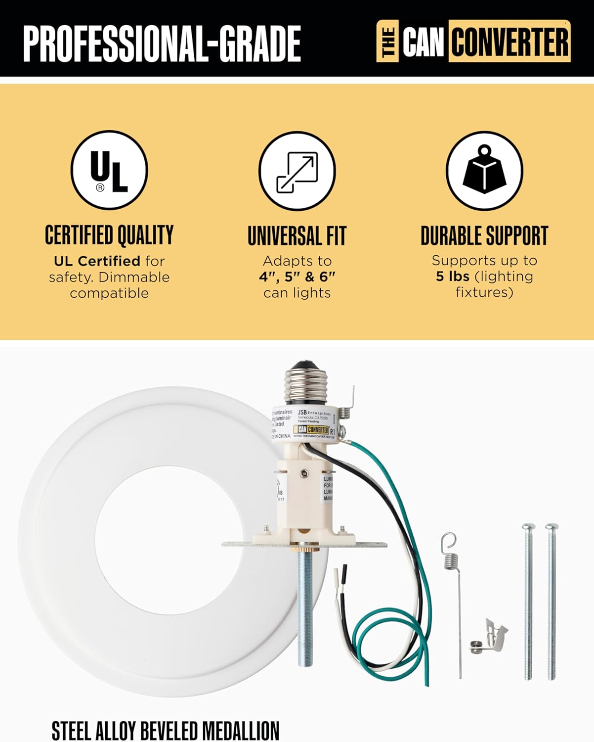 The Can Converter R1 Recessed Can Light Conversion Kit w/ 8¼" Steel Beveled Ceiling Medallion - Home Improvement for 4", 5" & 6" Cans, Fan & Light Fixture Converter Kit, UL Certified, White