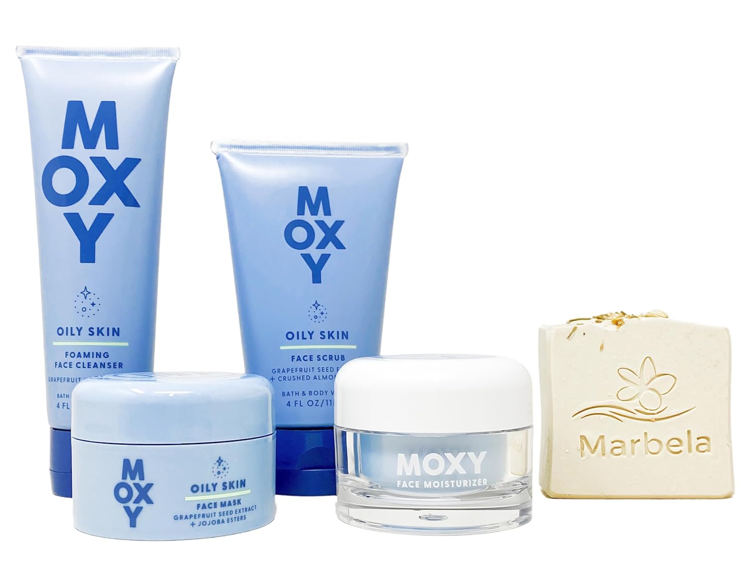 Bath & Body Works MOXY Oily Skin- Deluxe Gift Set- Oily Skin Foaming Face Cleanser, Face Scrub, Face Moisturizer, and Face Mask With a Wild Jasmine Soap., Blue