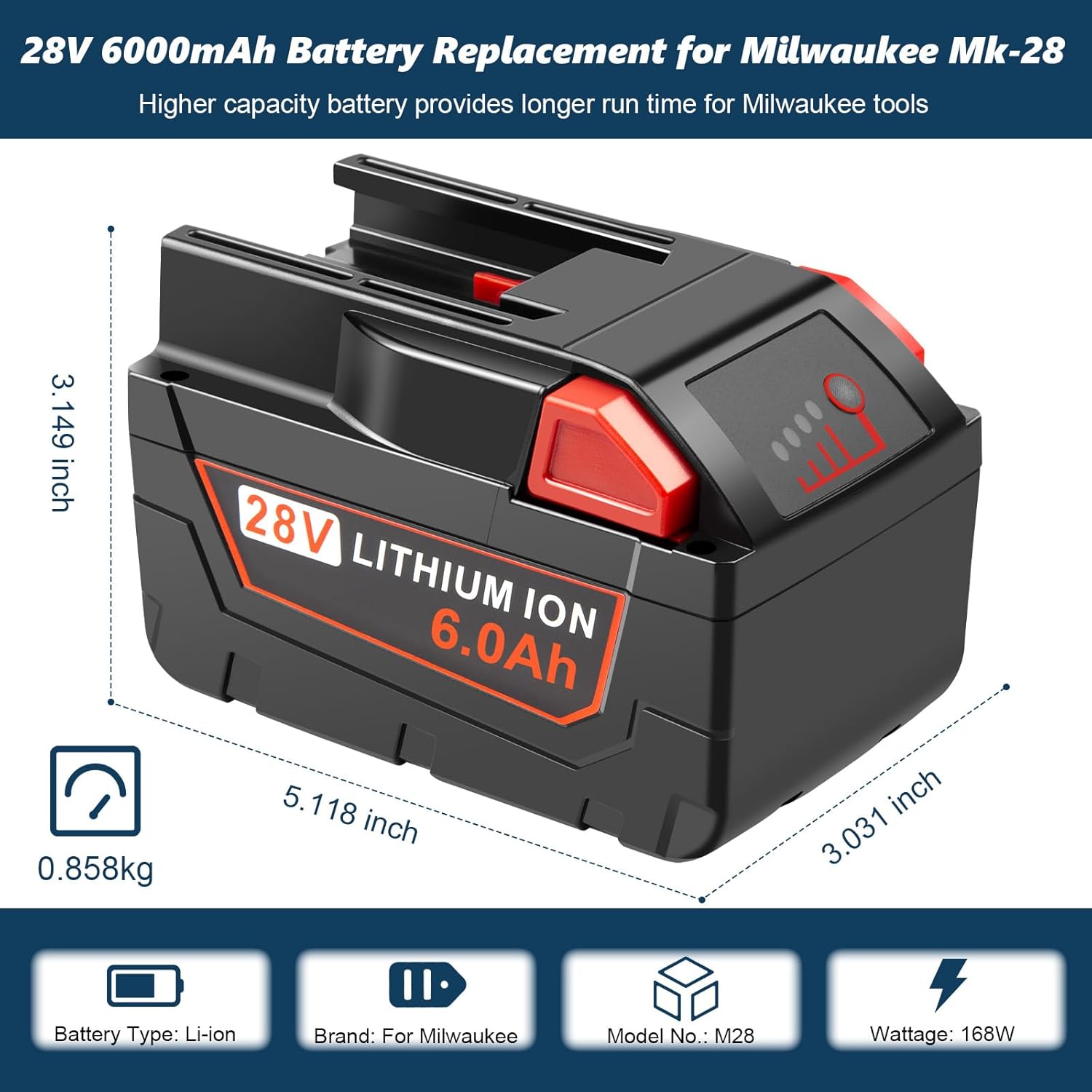 28V 6000mAh Li-Ion Battery Compatible for Milwaukee Batteries 6Ah Battery Compatible with Milwaukee 28V Tools Mk-28 Mk-28B, Mk-28BX, 48-11-2830, V28, 0726-20, 0719-20, 0779-22