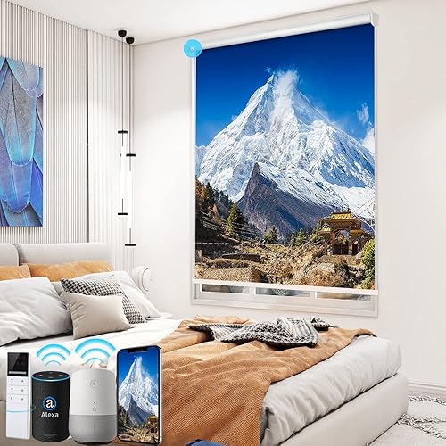 TIPIACE Persianas de impresión motorizada recargables con control remoto, persiana enrollable de tela opaca completa compatible con Alexa Google