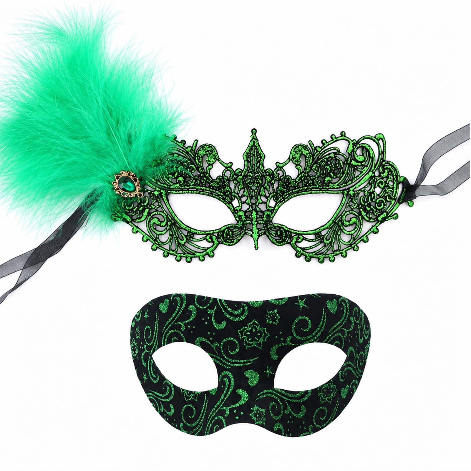 Poivgew 2PCS Masquerade Mask for Women, Green Feather Design, Gold and Silver Masquerade Ball Masks, Renaissance and Halloween Party Accessories