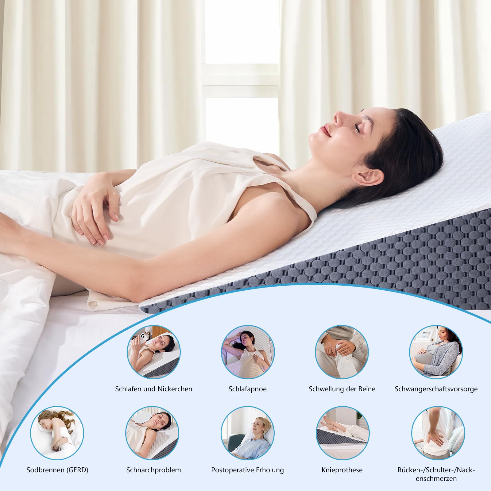 Generisch Almohada de cuña, almohada de reflujo para cama y sofá, incluye funda de almohada, lavable a máquina, para apoyar las piernas y las rodillas, apnea del sueño, alivio de la acidez estomacal