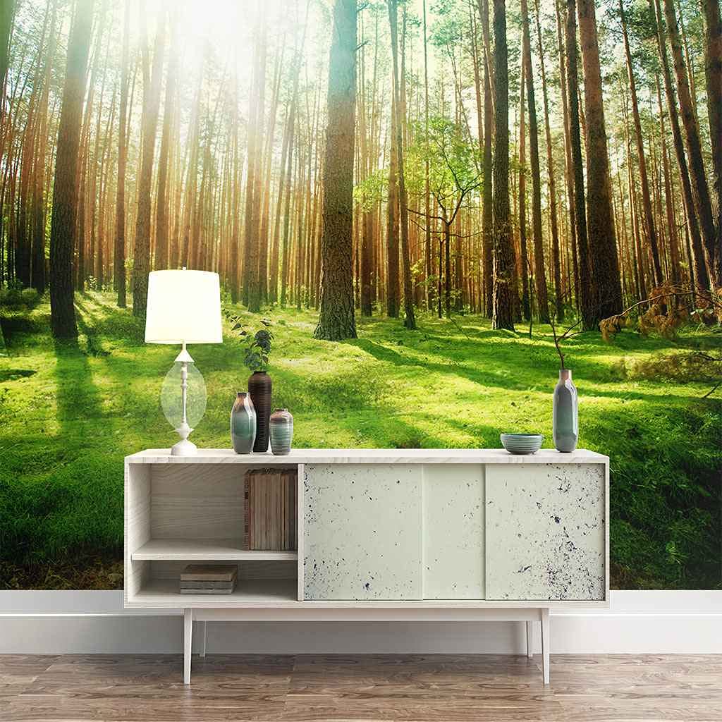 Papier peint forêt verte 3D amovible et autocollant, fresque murale lavable pour habillage TV