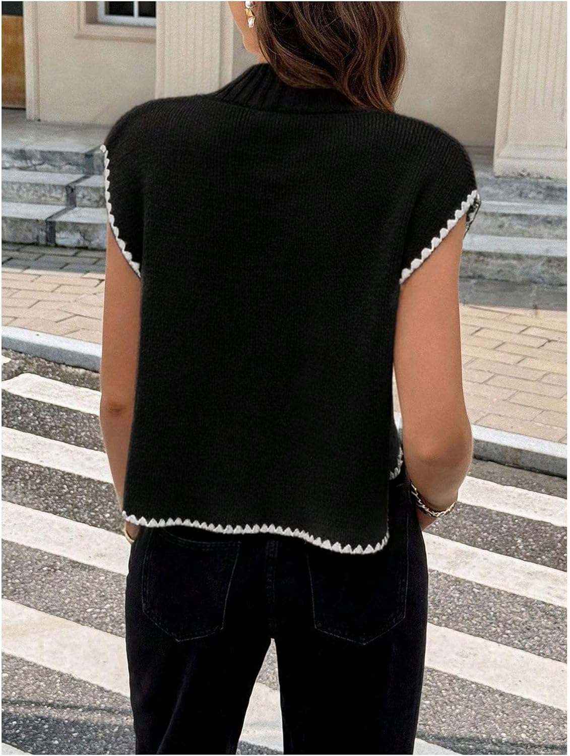 OYOANGLE Women's Bow Short Sleeve Sweater Side Tie Pullover Mock Neck Tank Tops Knit Vest Trendy Fashion Clothes