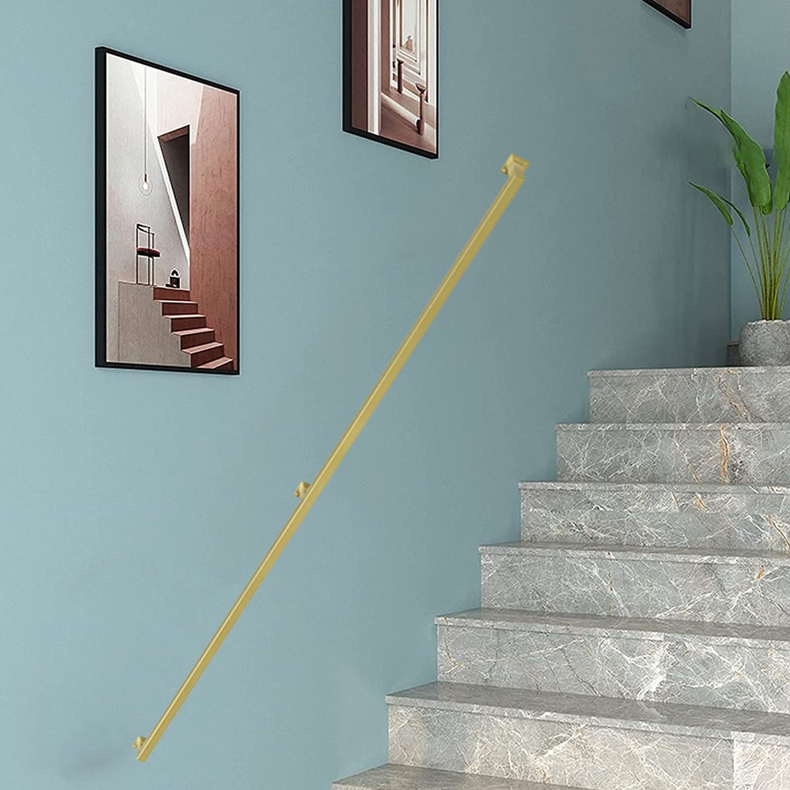 Handrail Staircase for Indoor/Outdoor Stairs Wall Mount Industrial Gold Metal Wrought Iron Pipe Staircase Handrails Railings Banisters Wall Mount Support Rod(18ft/540cm)