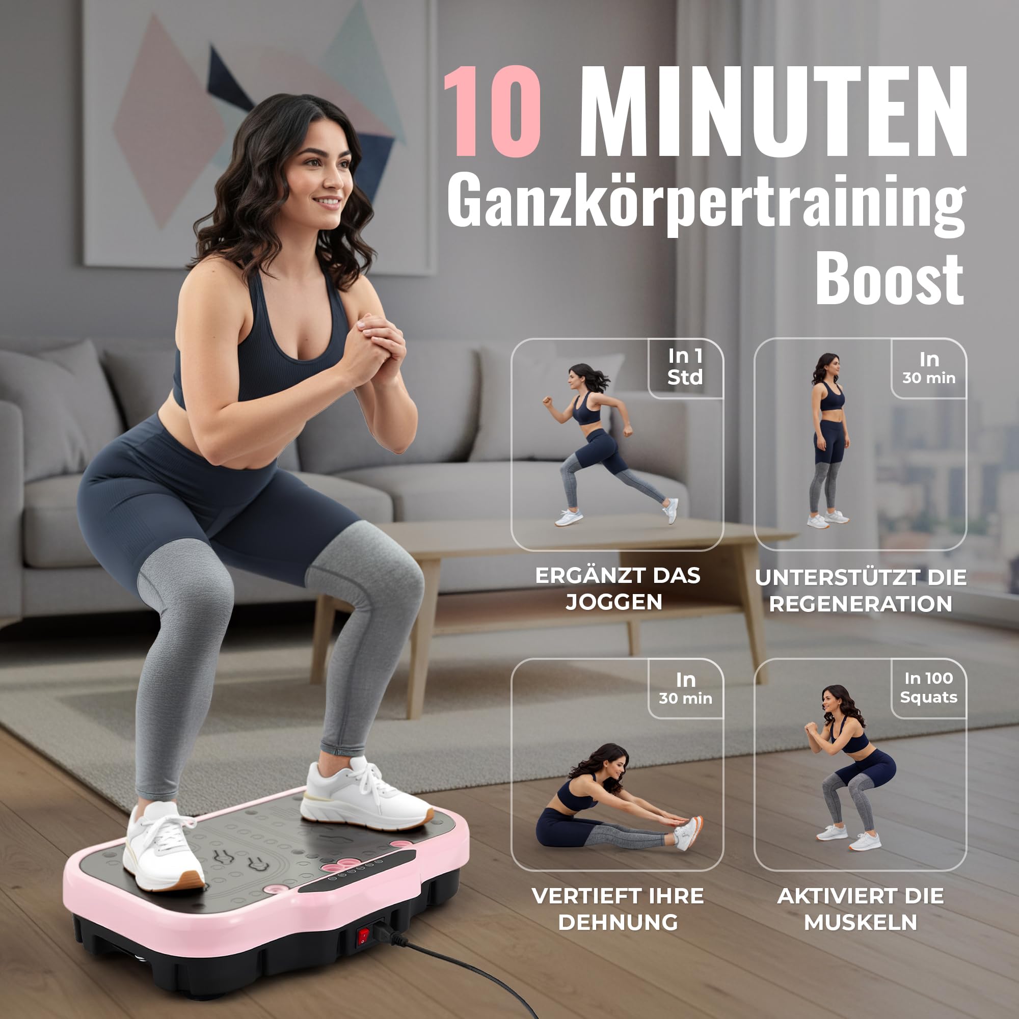 Vibrationsplatte für Körpertraining & Fußmassage mit Liegestützgriffen - Massagegerät mit 200 Stufen, Bluetooth & LED Display, Balance Board incl. Fernbedienung & Bändern für Fitness