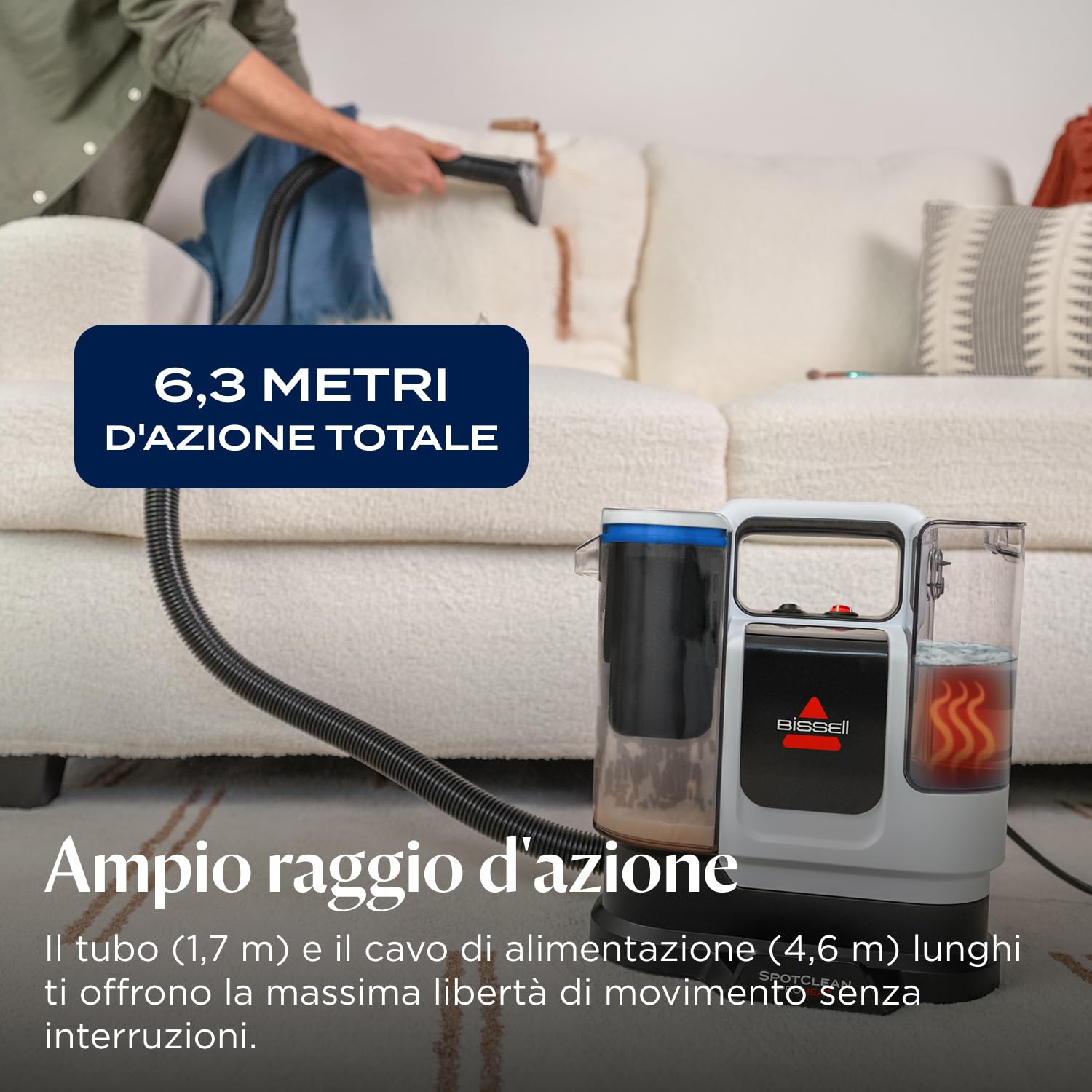 BISSELL SpotClean ProHeat Advanced, Lavatappeti, Pulitore per tappeti e tappezzeria, Lava tappezzeria, Motore 1125W, Pulizia tripla macchie ostinate, Compatto multi-superficie, Filaire, 3924N