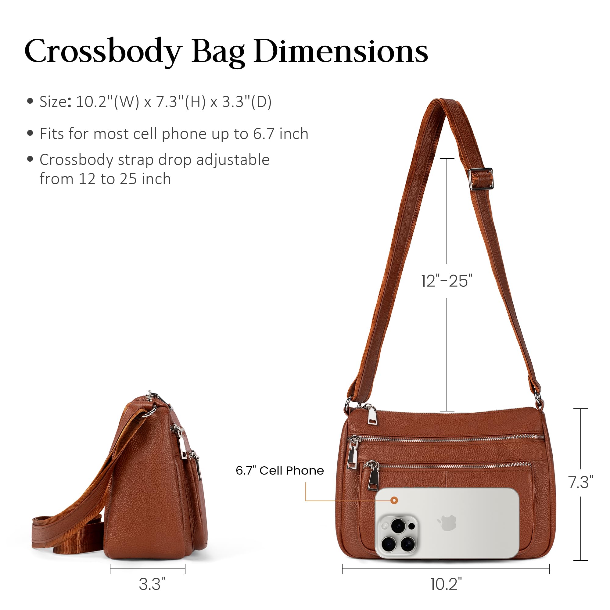 befen Borsa a tracolla in vera pelle da donna, con tasche con cerniera multipla