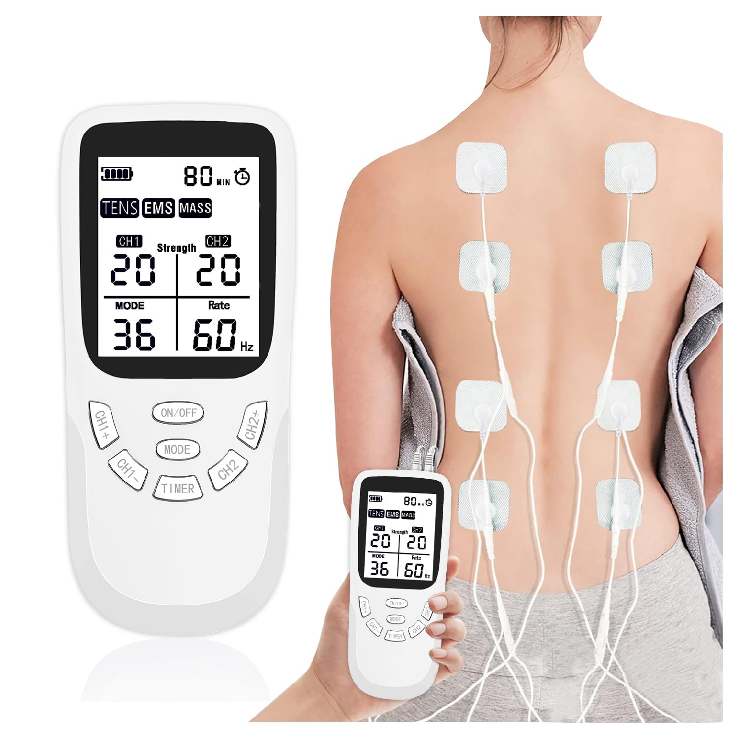 3-en-1 Electroestimulador muscular de 36 modos Masaje Terapia Maquina , con función TENS, EMS y masaje, para aliviar el dolor muscular y fortalecer los músculos, A/B Canales, con 8 electrodos