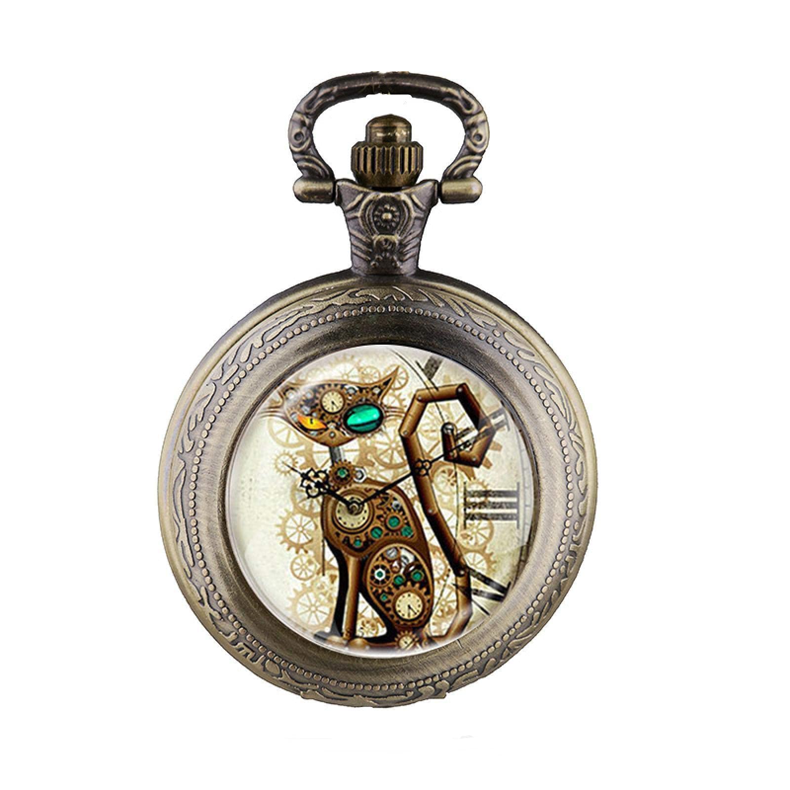 Montre de Poche et chaîne, Vintage Steampunk Chat médaillon Collier Montre de Poche Pendentif Cadeau