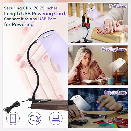 Miniatura 6 de XttnBM Lámpara de uñas LED UV USB de 16 W con clip para uñas de gel, 8 cuentas UVLED, cable de cuello de cisne flexible, tiempo de secado de 60