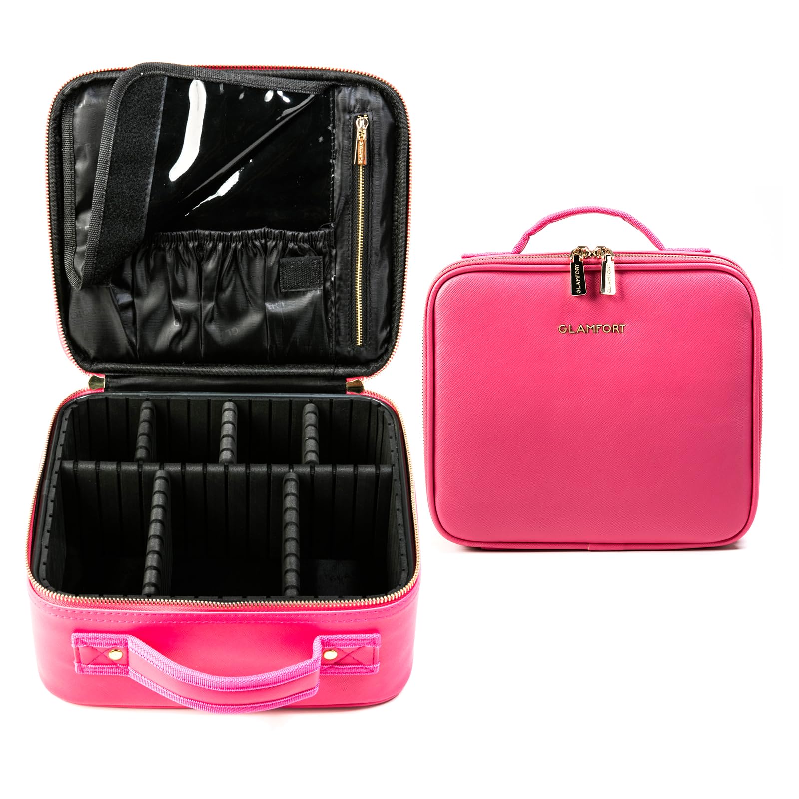 Portable Travel Makeup Bag - Makeup Case Organizer with Large Capacity and Adjustable Dividers for Cosmetics Makeup Brushes(S, Pink)