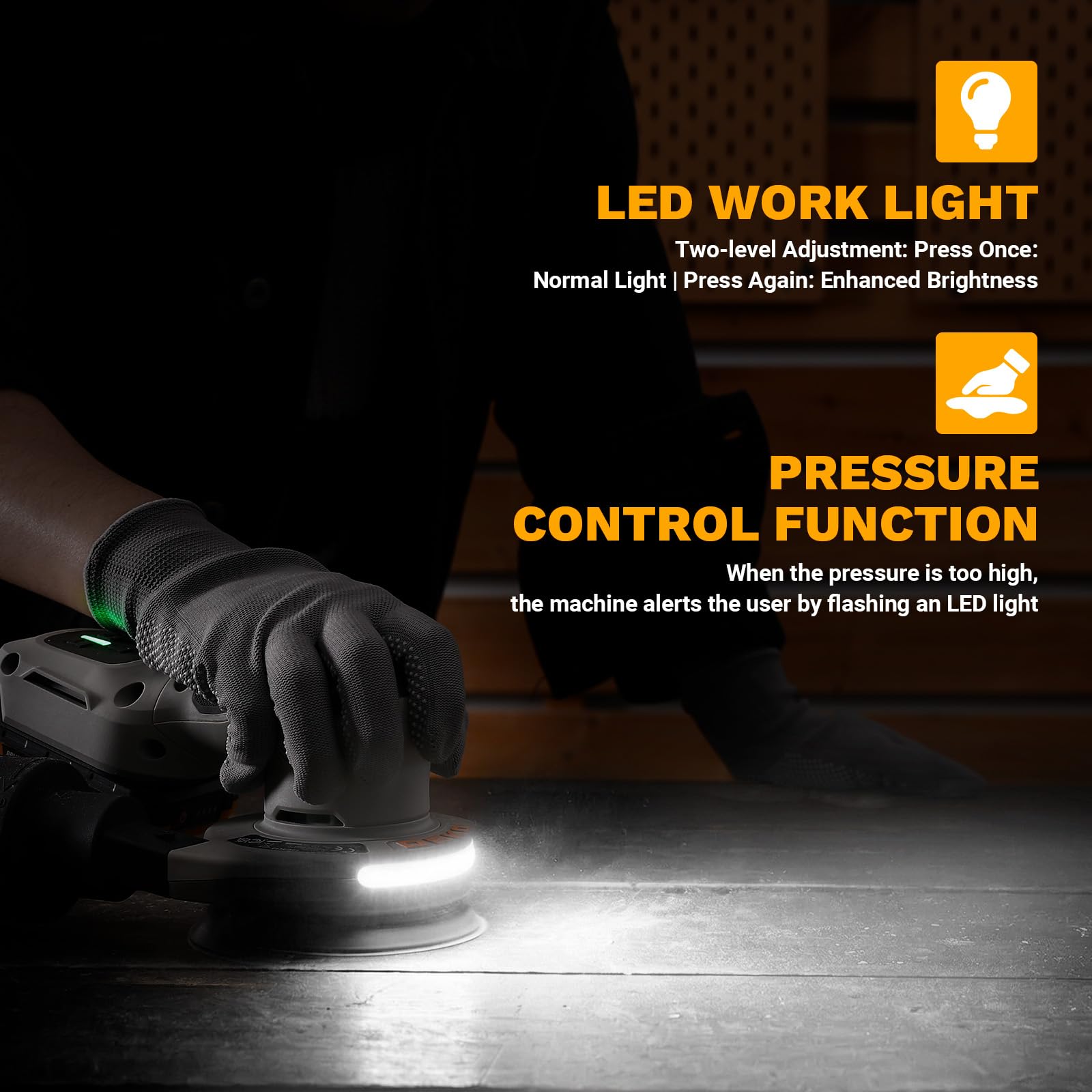 DEKOPRO Lijadora Orbital Inalámbrica sin Escobillas 20V, 12.000 rpm, Incluye 16 piezas de lija 125 mm, con luz de Trabajo LED (Batería de 2,0 Ah incluida), Apta para lijado y carpintería