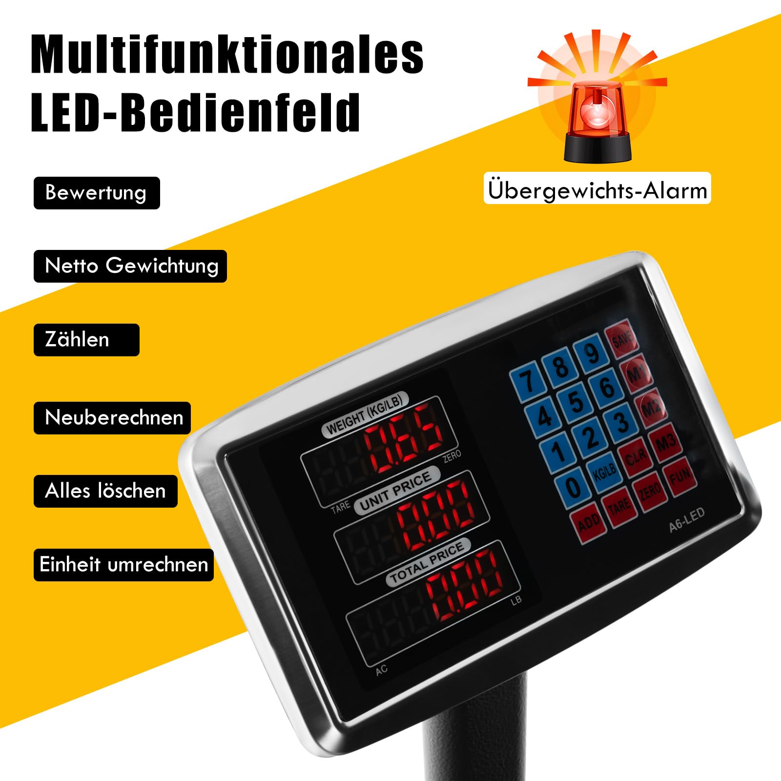 RELAX4LIFE Báscula Inteligente 300 kg/50 g, Báscula Industrial Plegable, Balanza Industrial con Pantalla LED, Báscula Digital, Báscula de Suelo, Funciona con Red y Batería, Plataforma 50 x 40 cm