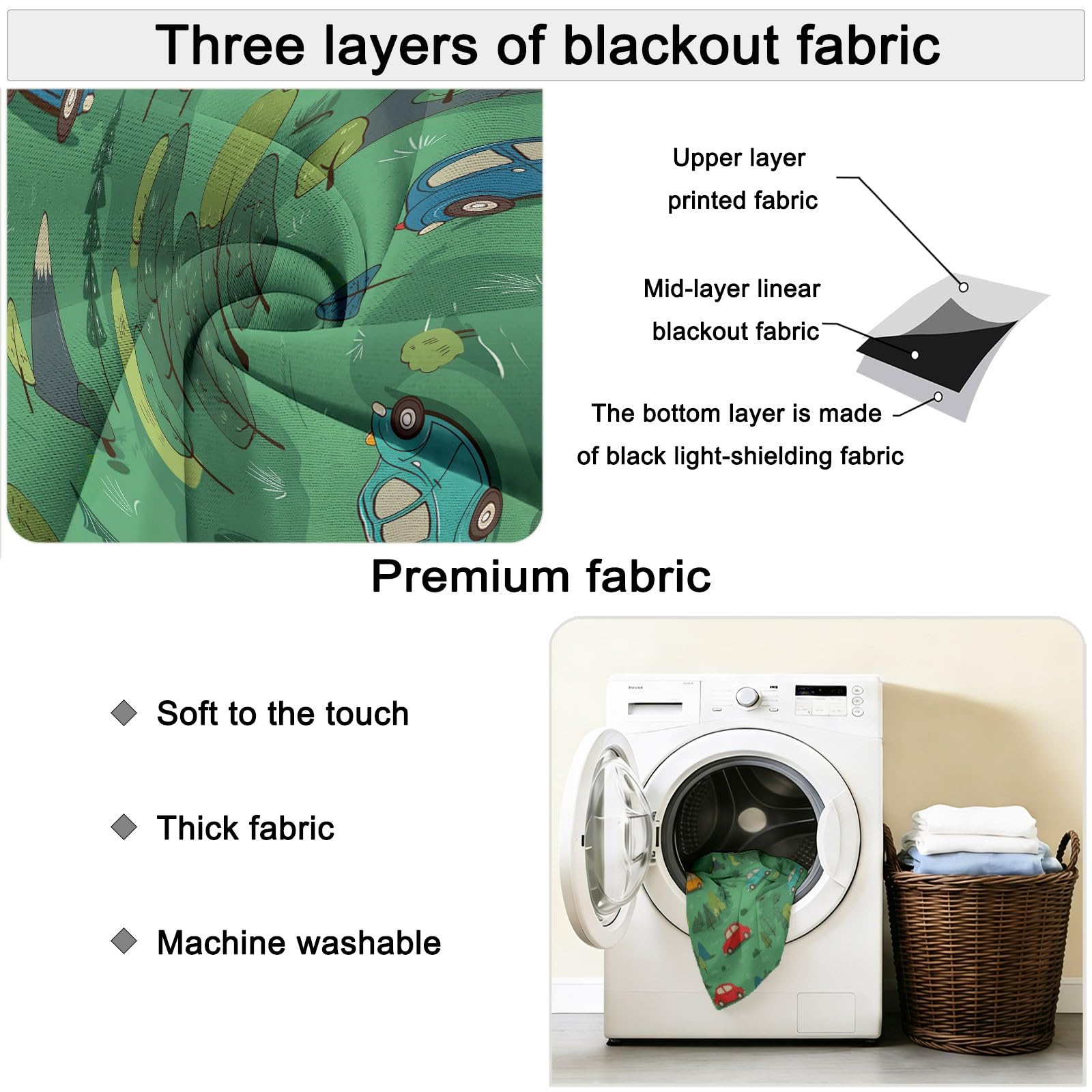 Zasłony zaciemniające z oczkami 140 l x 260H cm (2 panele), drukowane słodkie samochody z kreskówek zasłona termoizolacyjna odporna na zimno i ciepło do sypialni dla dorosłych i salonu, góry zielonego