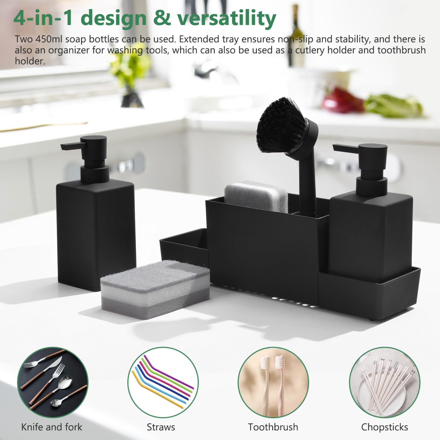 Set dispenser di sapone da cucina 2 pezzi, dispenser da 11, 8 once con spugne