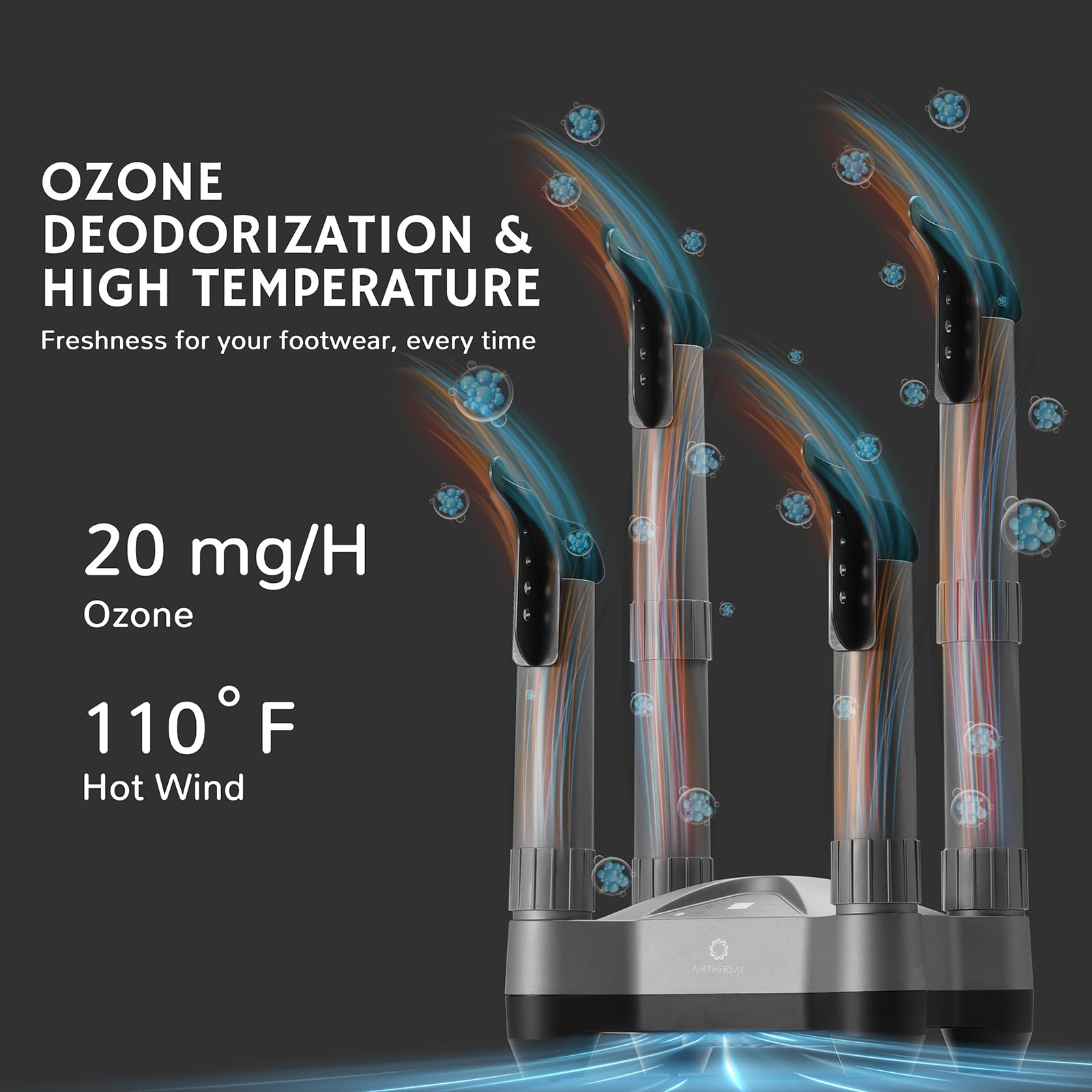 AIRTHEREAL SD20 Secador de Zapatos Eléctrico con Temporizador y Ozono | 110W para 2 Pares a la Vez | Secador Telescópico para Botas de Esquí, Calzado de Trabajo, Zapatillas y Guantes | Gris
