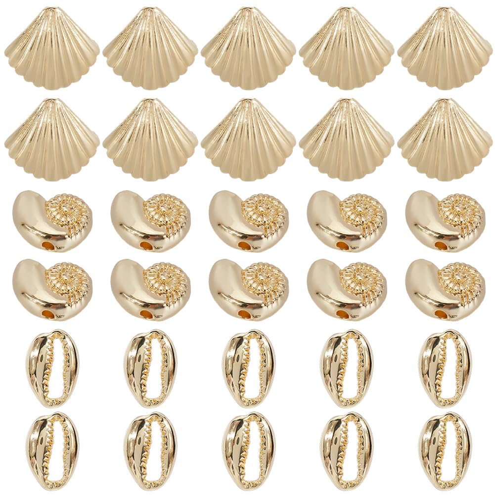SUNNYCLUE 1 Box 30Pcs Real 14K Gold Plated Ocean Shell Beads Sea Animal Beads Alloy Small Summer Cowrie Seashell Beach Loose Spacer Bead for Jewellery Making Necklaces Bracelets Earrings DIY Crafts