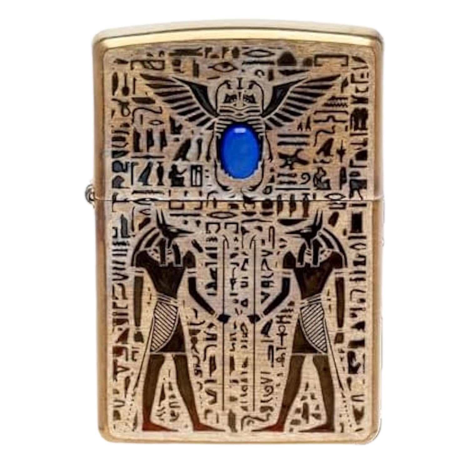 Zippo Oil Lighter with Special Sticker Flint Brass Regular Base Double-Sided Etched Vintage Treatment Natural Stone V-Anubis Lazuli