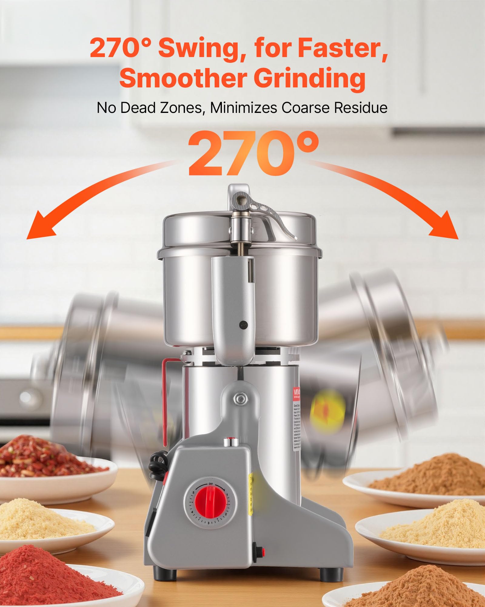 VEVOR Elektrische Getreidemühle 800 g, Getreidemühle 2100 W Edelstahl, Gewürzmühle für Trockenes Getreide Gewürze Müsli Kaffee Mais Pfeffer, Schwenktyp Pulverisiermaschine 220x190x375 mm