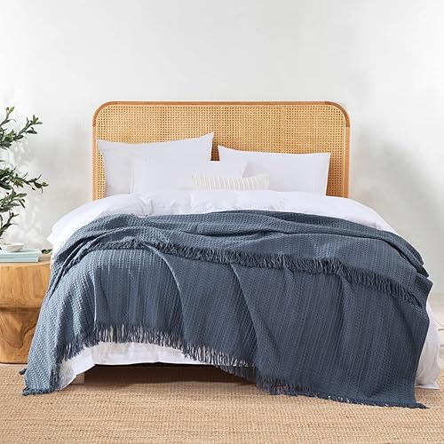 Manta Queen de 100 % algodón con flecos, 90 x 90 pulgadas, manta de tejido de gofre prelavada para todas las estaciones, ligera, transpirable, suave