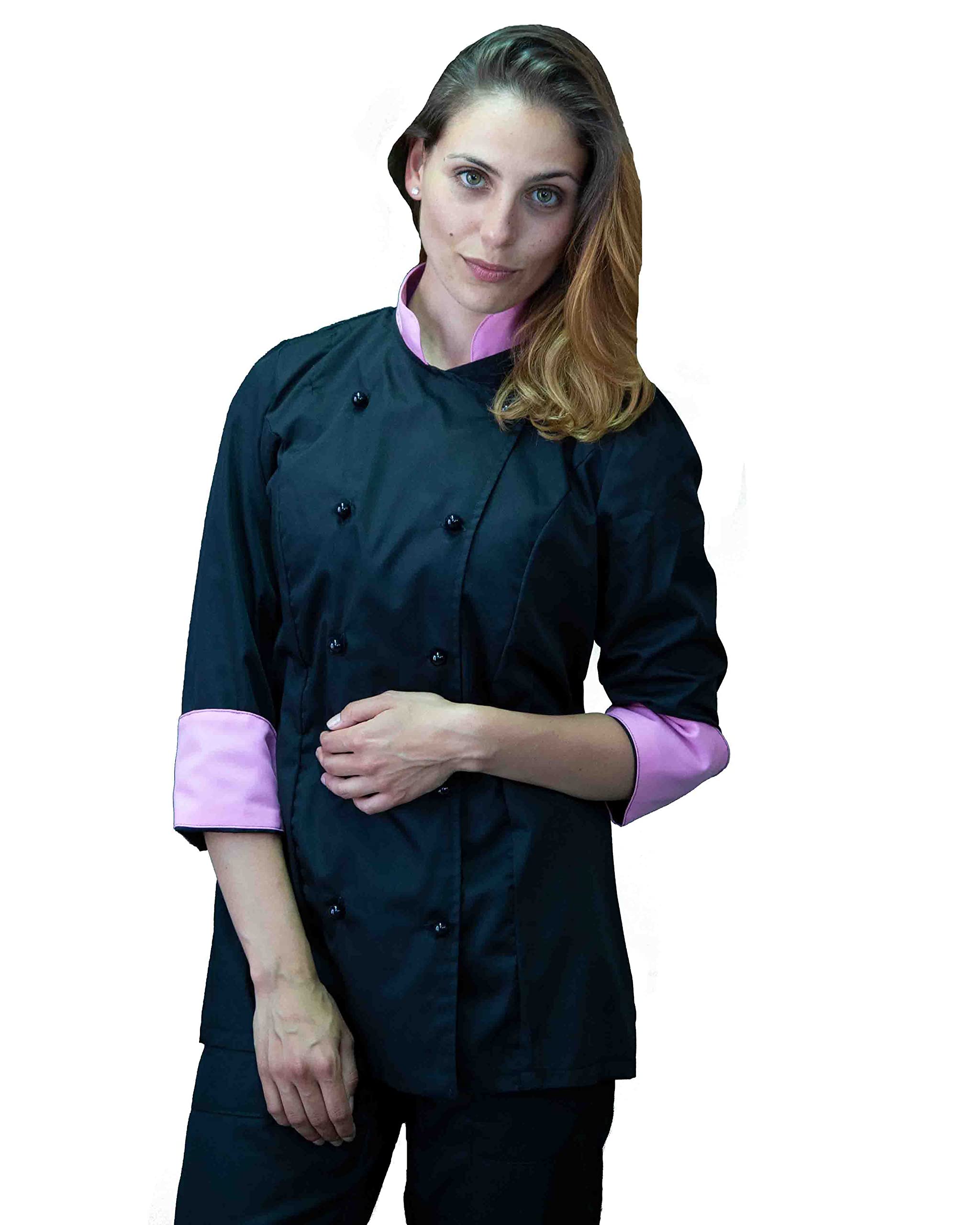 Bordado Gratuito Juego de chef para mujer negro y rosa Uniforme Chef personalizable Chaqueta, pantalones y delantal Uniforme para cocina y restaurante Made in Italy, Negro