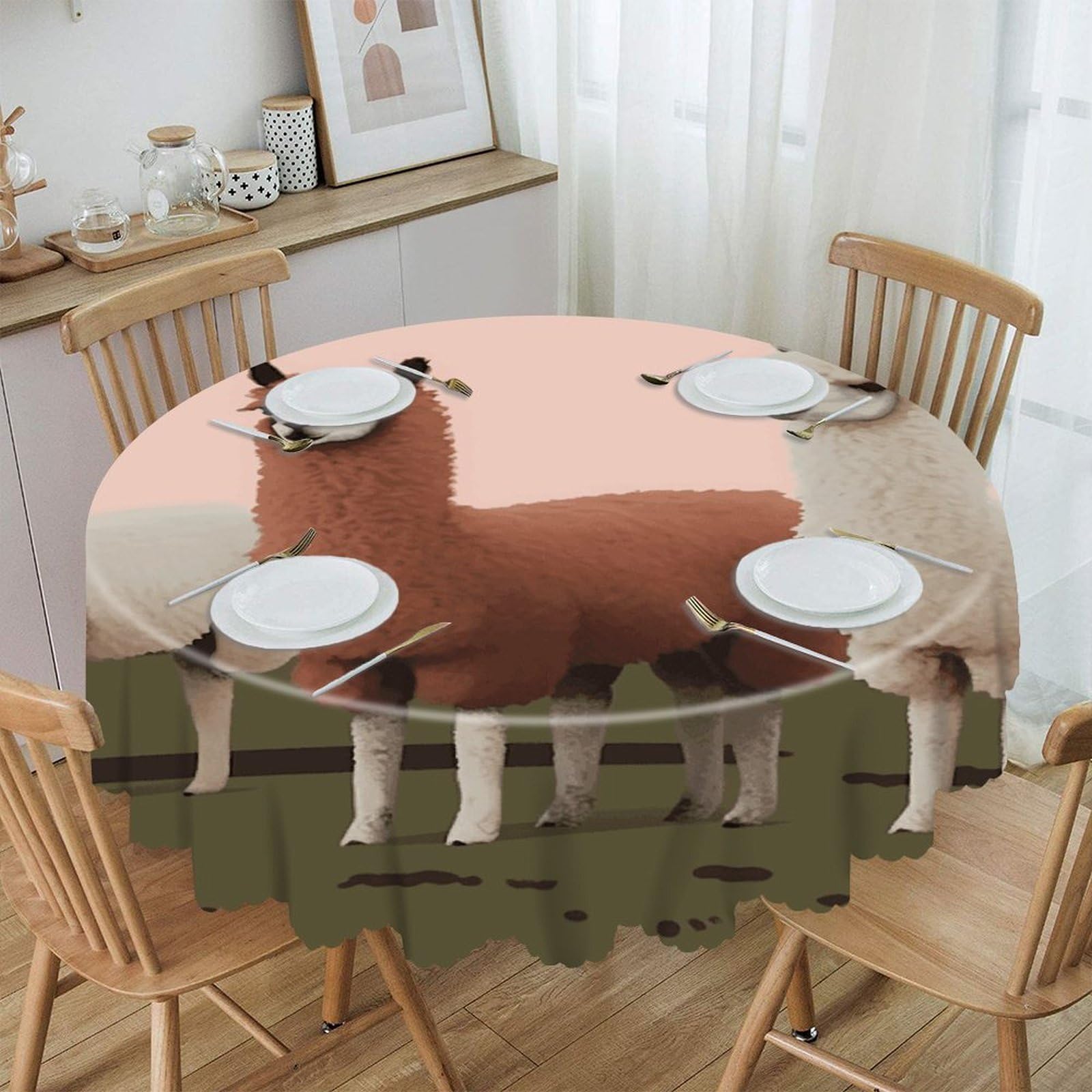 VstaDank Alpacas Round Tablecloth 60 Inch Easy to Clean Circle Table Cover Thick Decorative Round Polyester Table Cloth for Dining Kitchen Party Farmhouse Outdoor