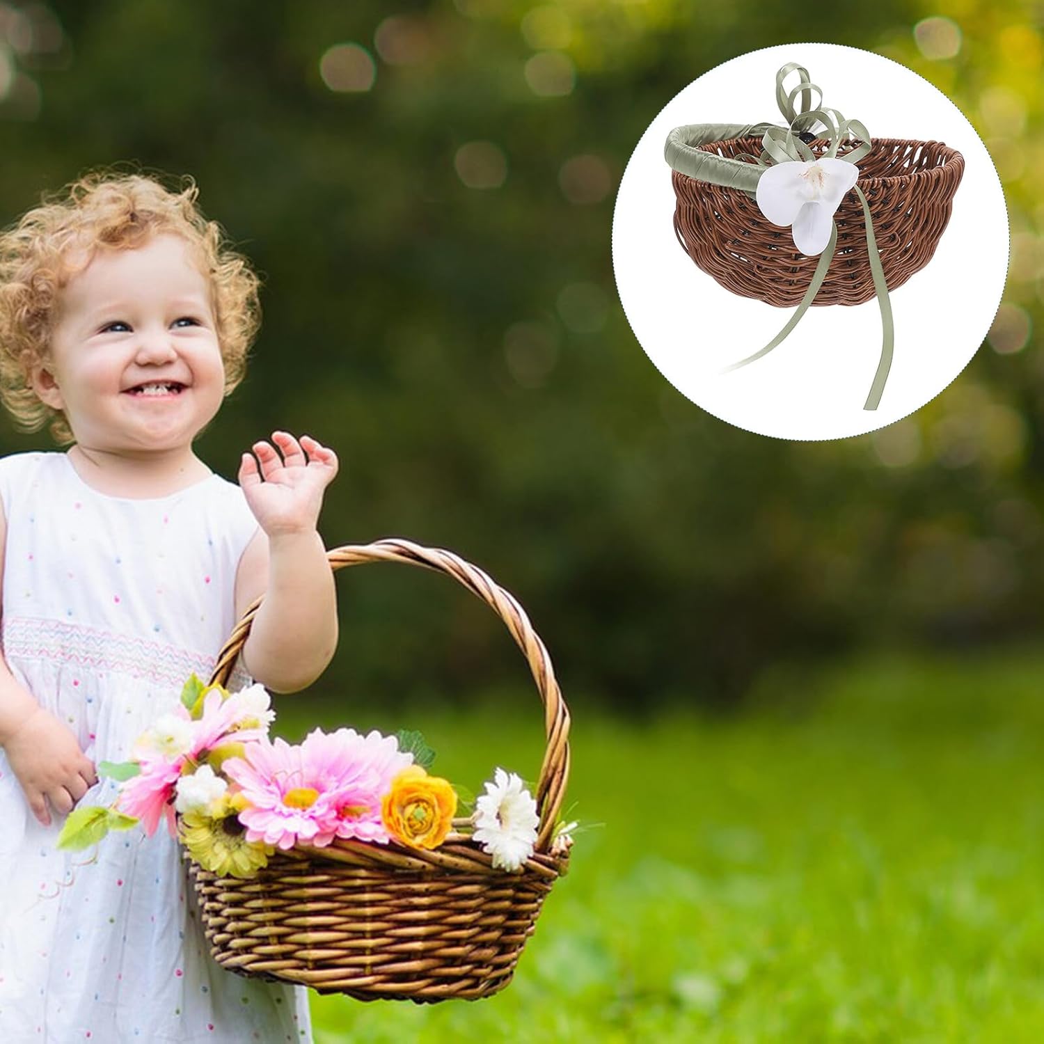 Woven Flower Girl Basket for Wedding Handheld Lightweight Plastic and Wood with Light Green Handle, Decorative Ceremony Supplies for Bride and Flower Girl,