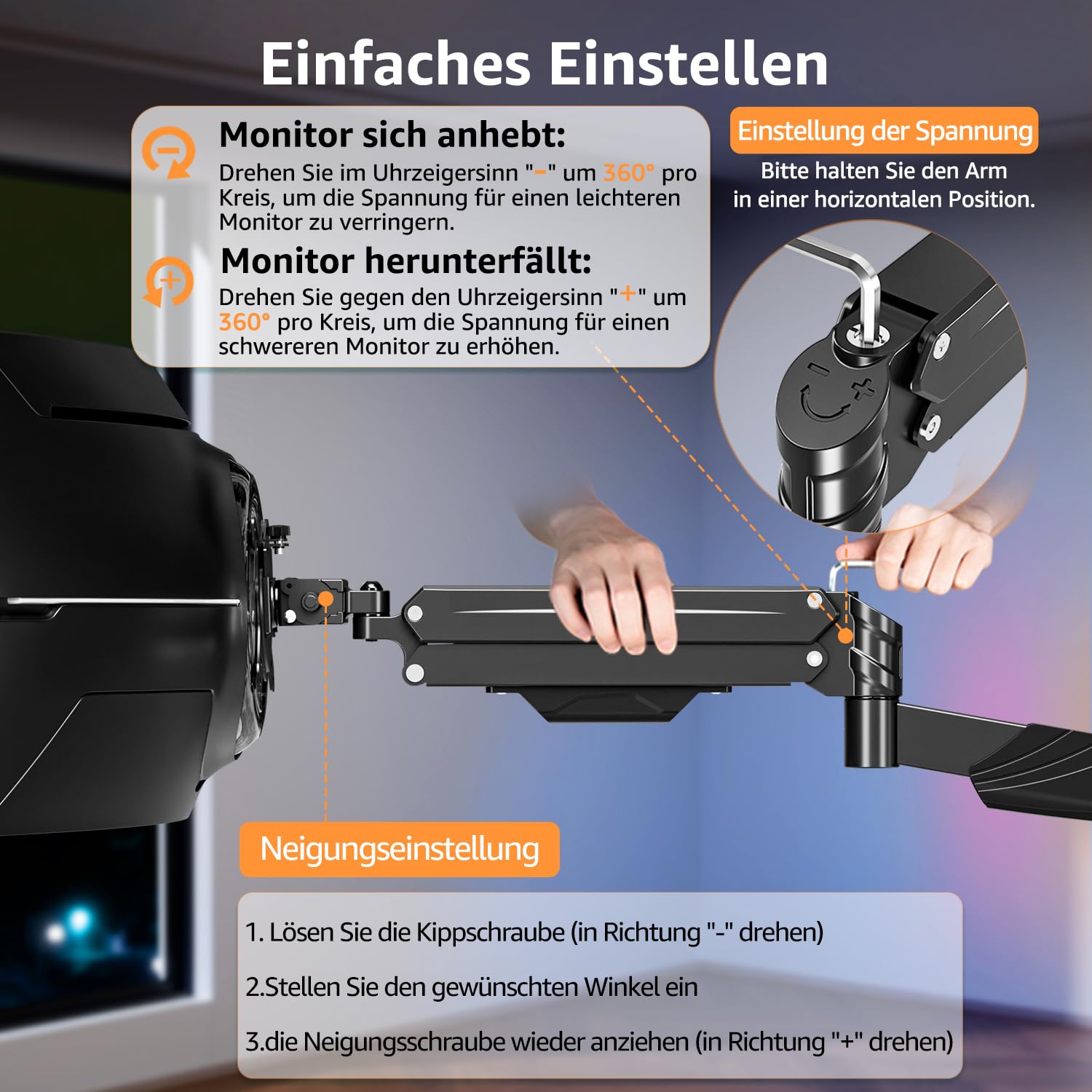 ELIVED Supporto da parete per monitor max. 43 pollici, ultra wide fino a 15 kg, VESA 75/100/200 mm, montaggio a parete resistente, regolabile in altezza, braccio EV3421B