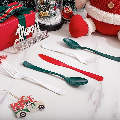 Miniatura 5 de Supernal 180 cubiertos de plástico de Navidad, suministros de fiesta de Navidad, cubiertos de plástico de color pesado que incluye 60 cuchillos