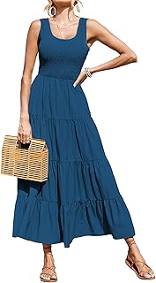 Womens Maxi Dress Casual Smocked Tank Beach Sundress Sleeveless Tiered Long Flowy Boho Dresses