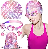 Vista 1 de Ramede Gorro de natación con gafas de natación y bolsa de almacenamiento para niños (edad 3-12), gorro de natación y baño impermeable de silicona