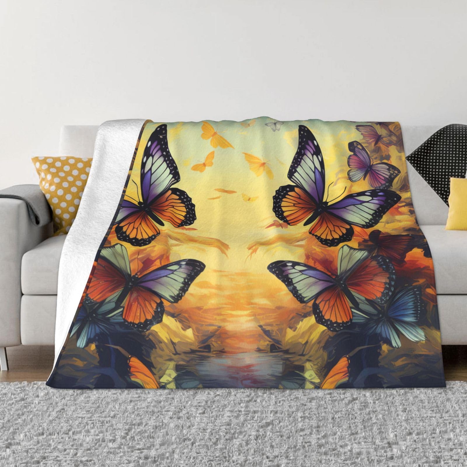Couverture microfibre lit canapé plaid toutes saisons doux imprimé papillons OUSIKA