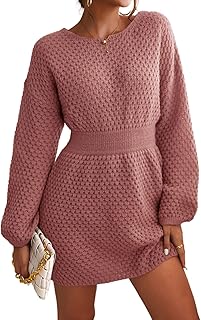 Womens Textured Knit Pullover Sweater Dress Long Sleeve Banded Waist Mini Casual Fall Winter Sweater Dress - Buy now
