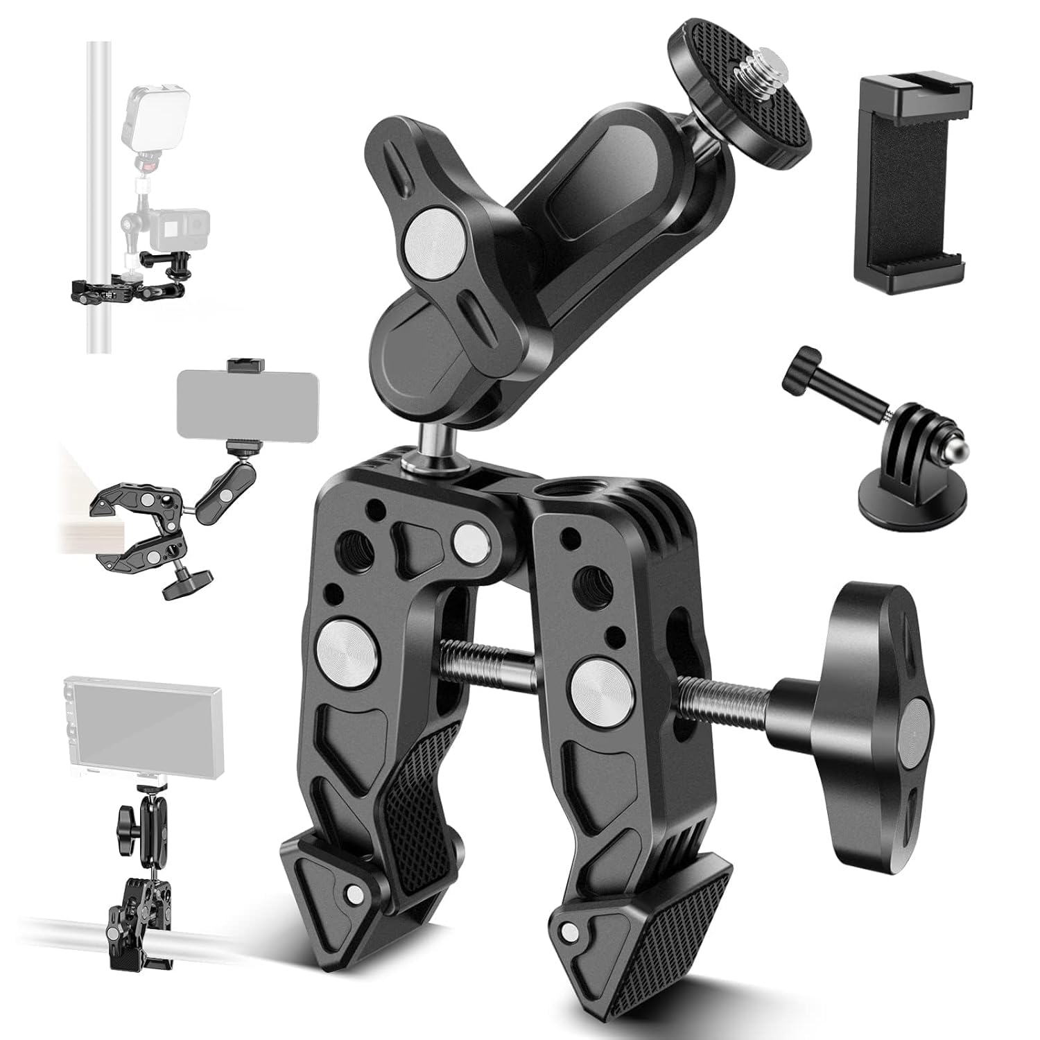Adofys [Newest] Action Camera Mount,Super Clamp Mount with 1/4''&3/8'' Scew for LED Light,Microphone,360° Double Ballhead Magic Arm with Mobile Holder and Adapter for Gopro Hero DJI DSLR Camera