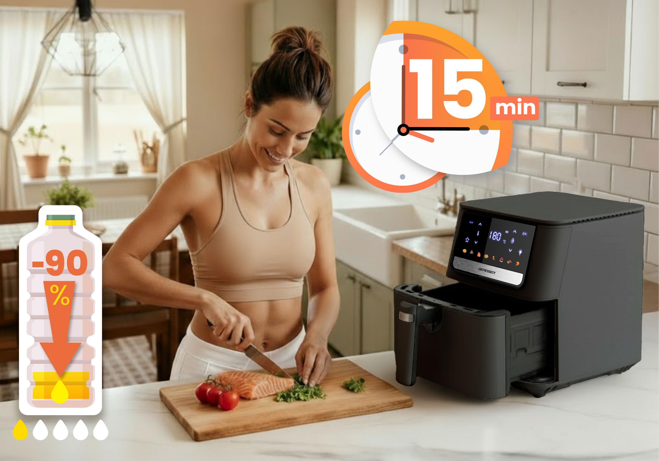 Berdsen Frytkownica Beztłuszczowa Airfryer - 1700 W 6,5 l - Frytkownica na Gorące Powietrze - 8 Programów - Ekran Dotykowy - Czarna