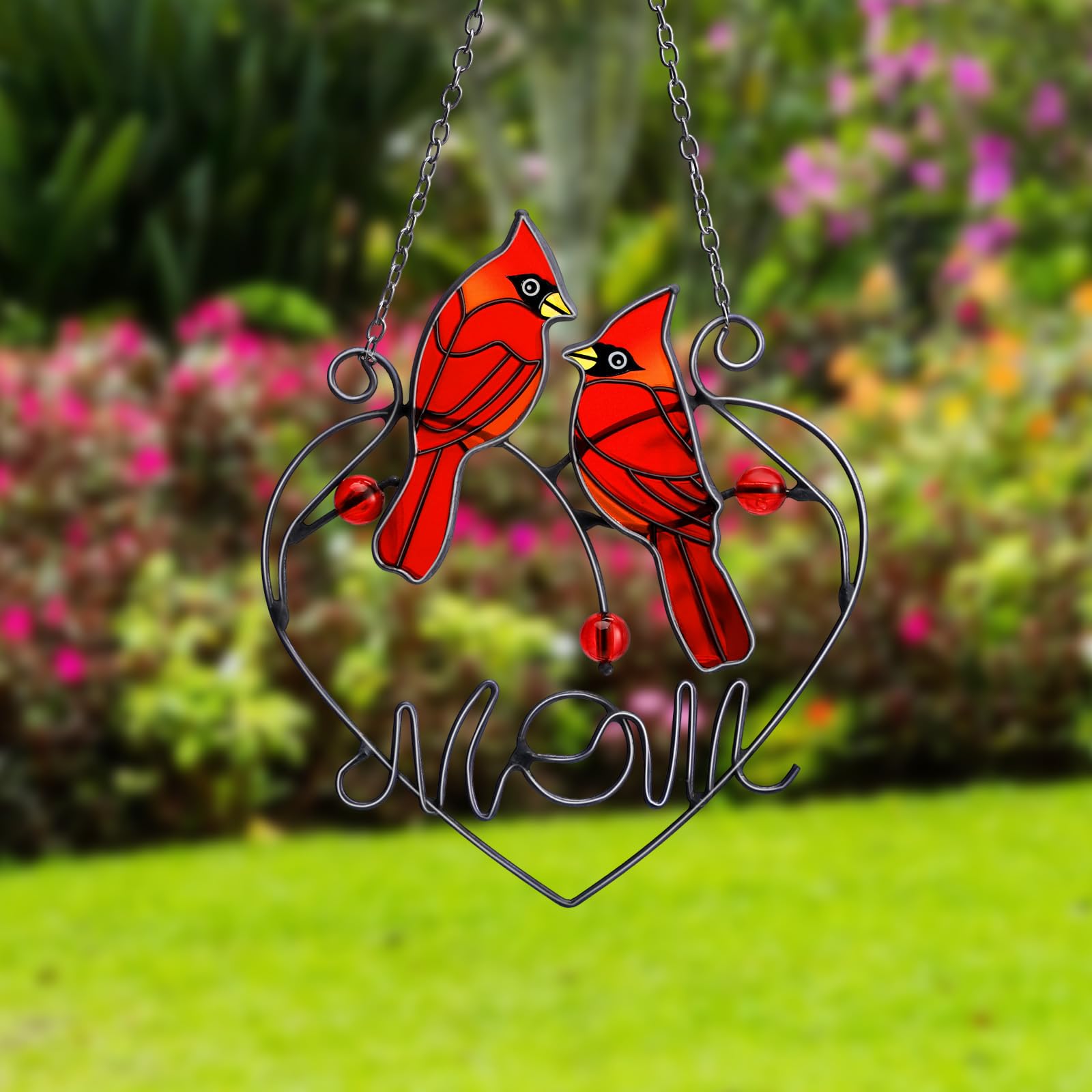 Pasimy Cardinal Gifts Mothers Day Red Cardinal Stained Glass Bird Suncatcher for Women Memorial Gifts for Loss of Loved One Sympathy Hanging Ornament with Metal Chain for Window Front Door Wall